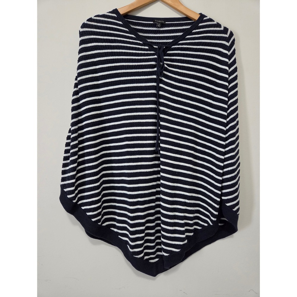 Talbots Womens Navy White Striped Tie Front Poncho Sweater Size M Nautical Knit